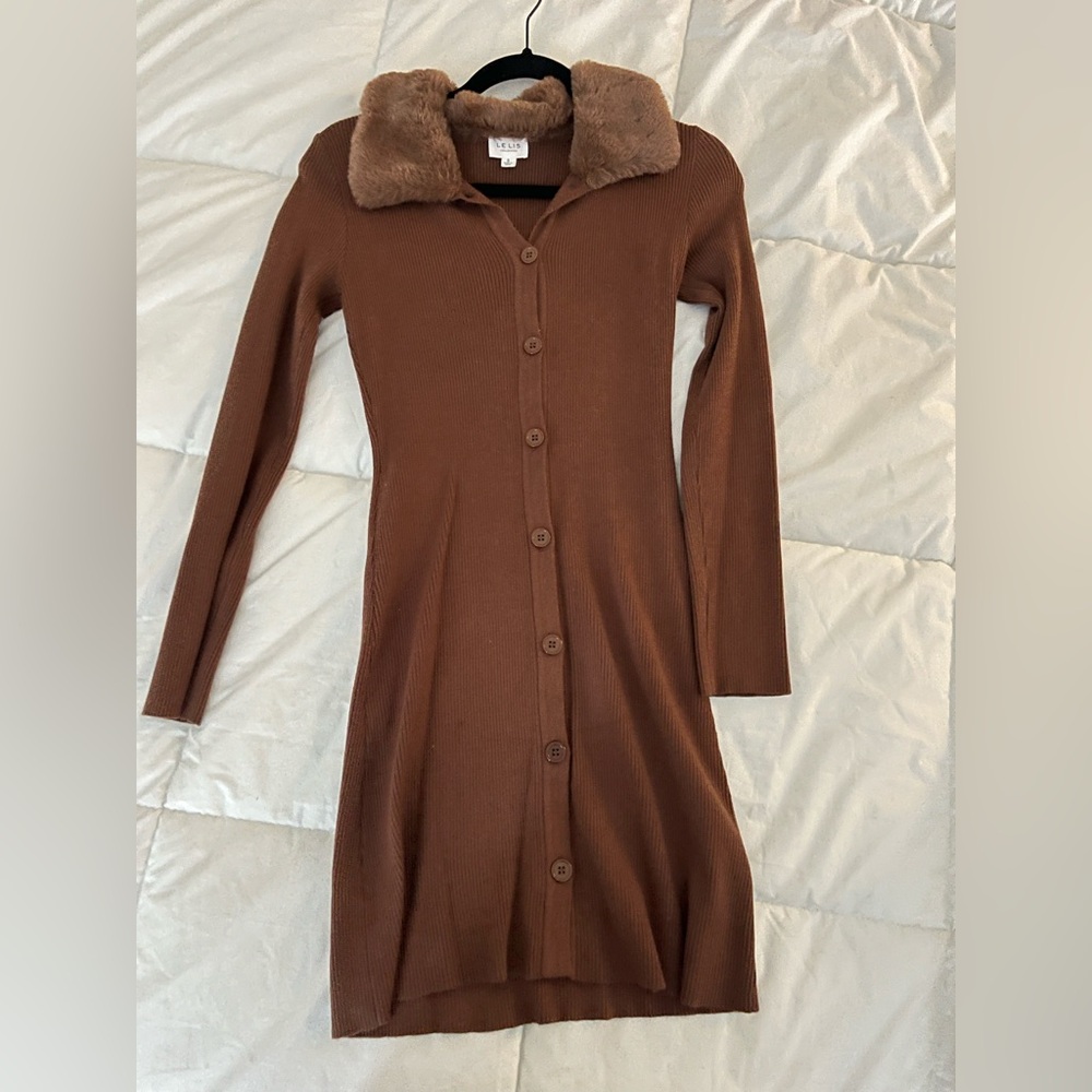 Brown faux fur neckline dress